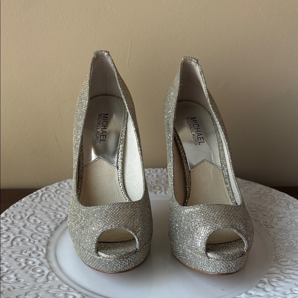 Michael Kors Glittering Silver Peep Toe Heels Size 7 1/2 with 4 1/2 inch heel